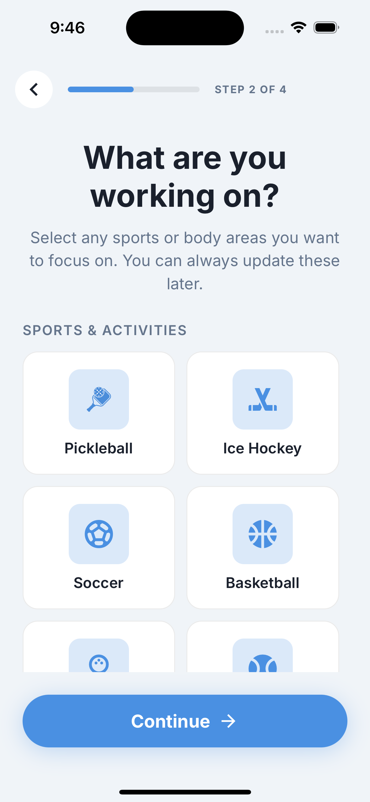 Reach app activity selection screen showing sports including Pickleball, Ice Hockey, Soccer, and Basketball