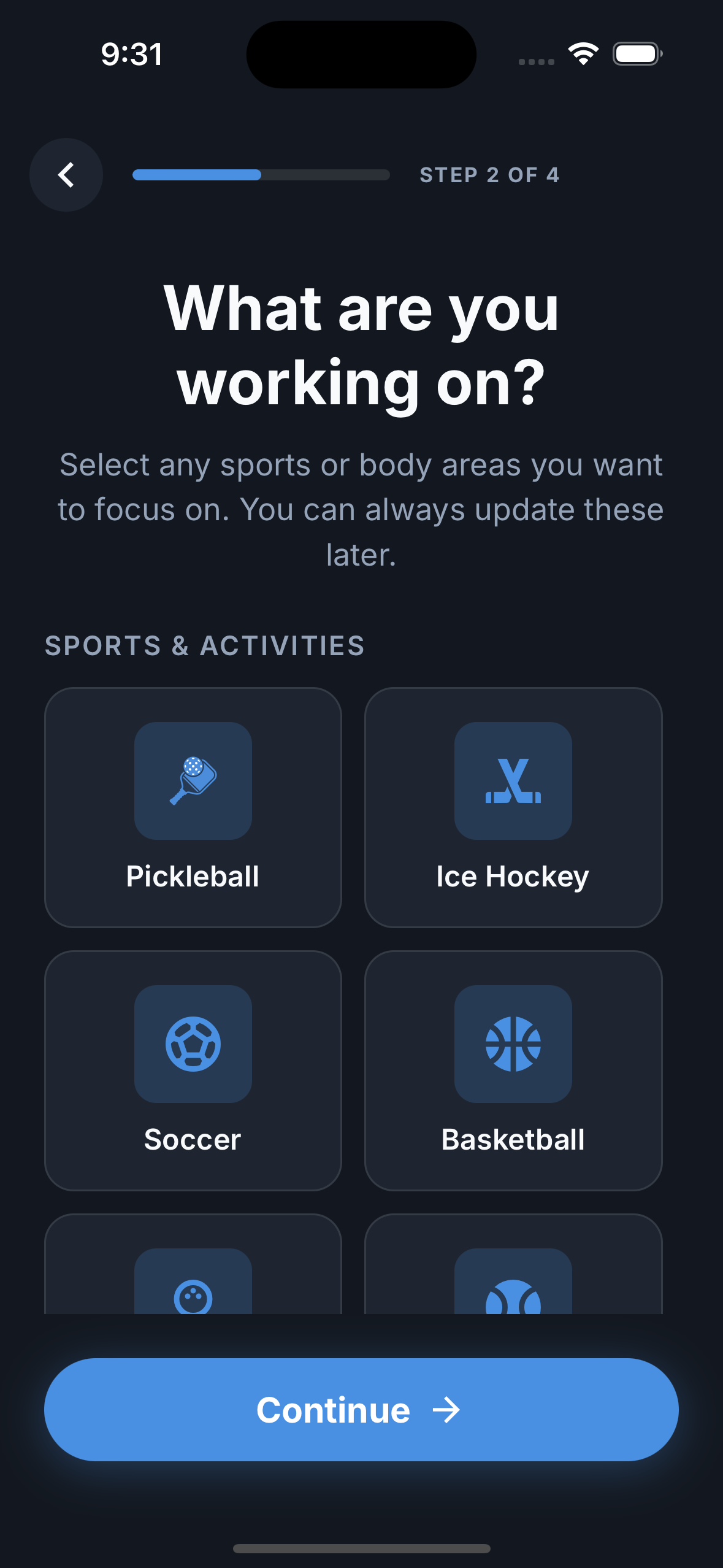 Reach app activity selection screen showing sports including Pickleball, Ice Hockey, Soccer, and Basketball