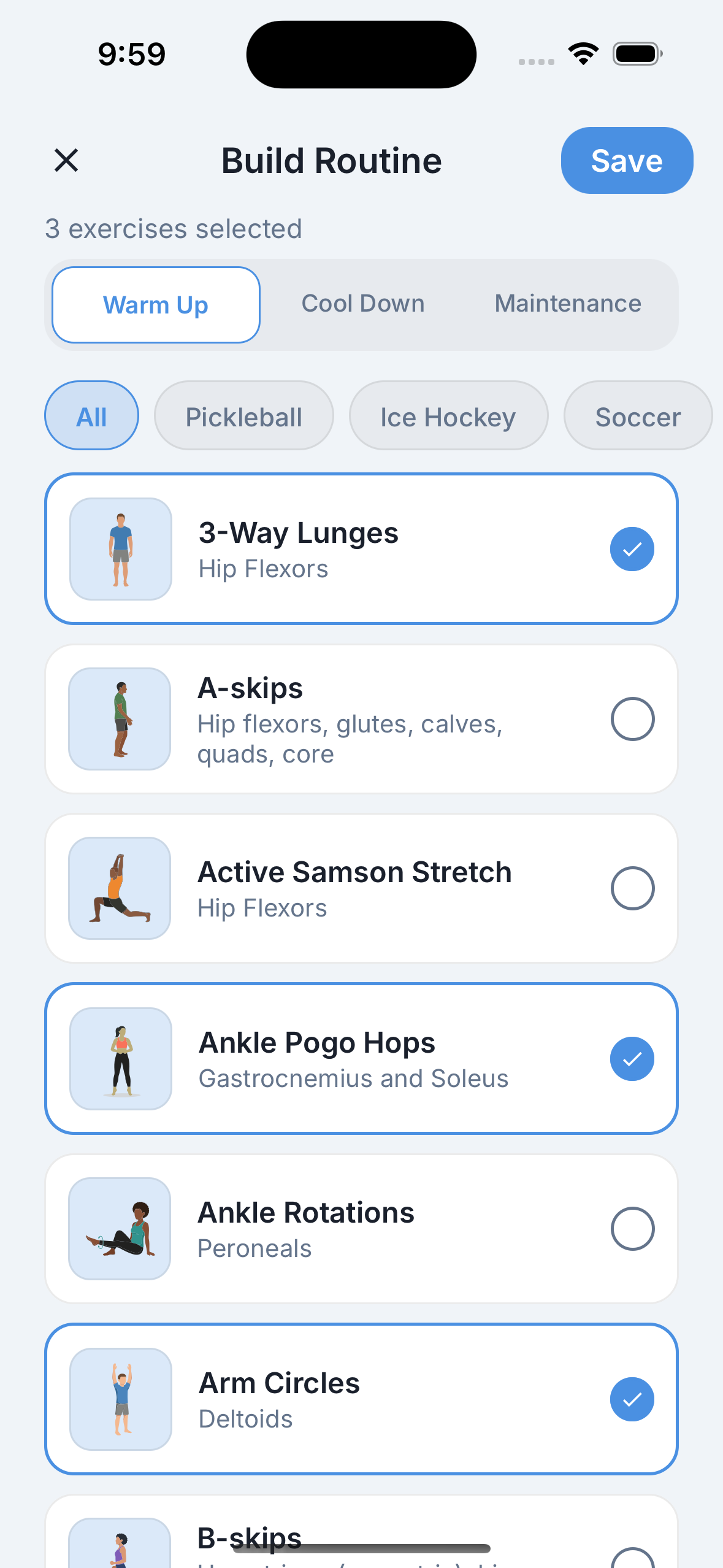 Reach app custom routine builder showing exercise selection filtered by sport and routine type