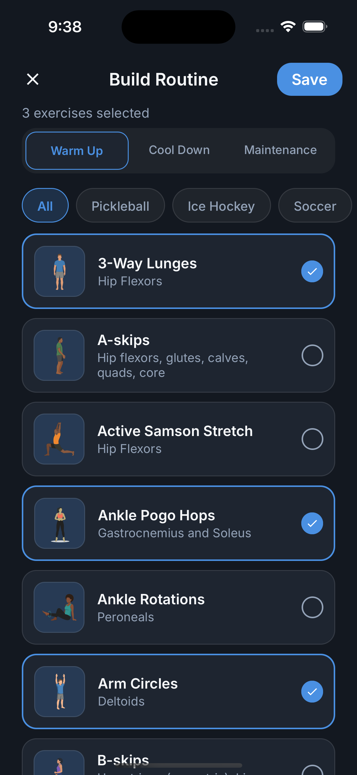 Reach app custom routine builder showing exercise selection filtered by sport and routine type