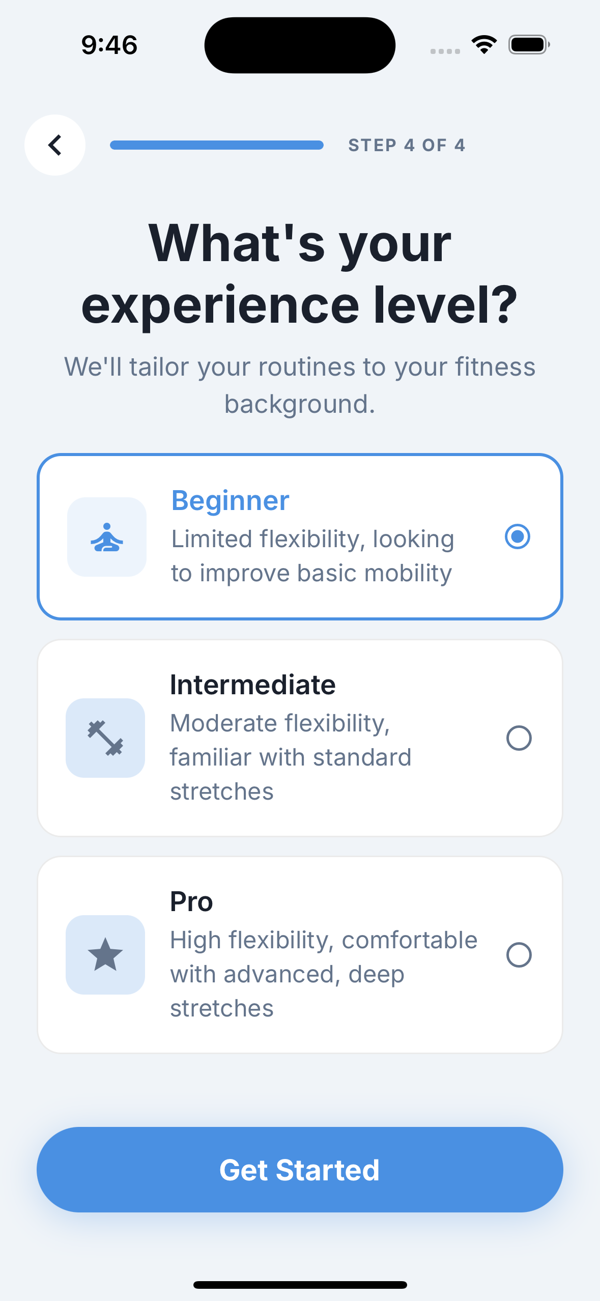 Reach app onboarding screen asking for experience level with beginner, intermediate, and pro options