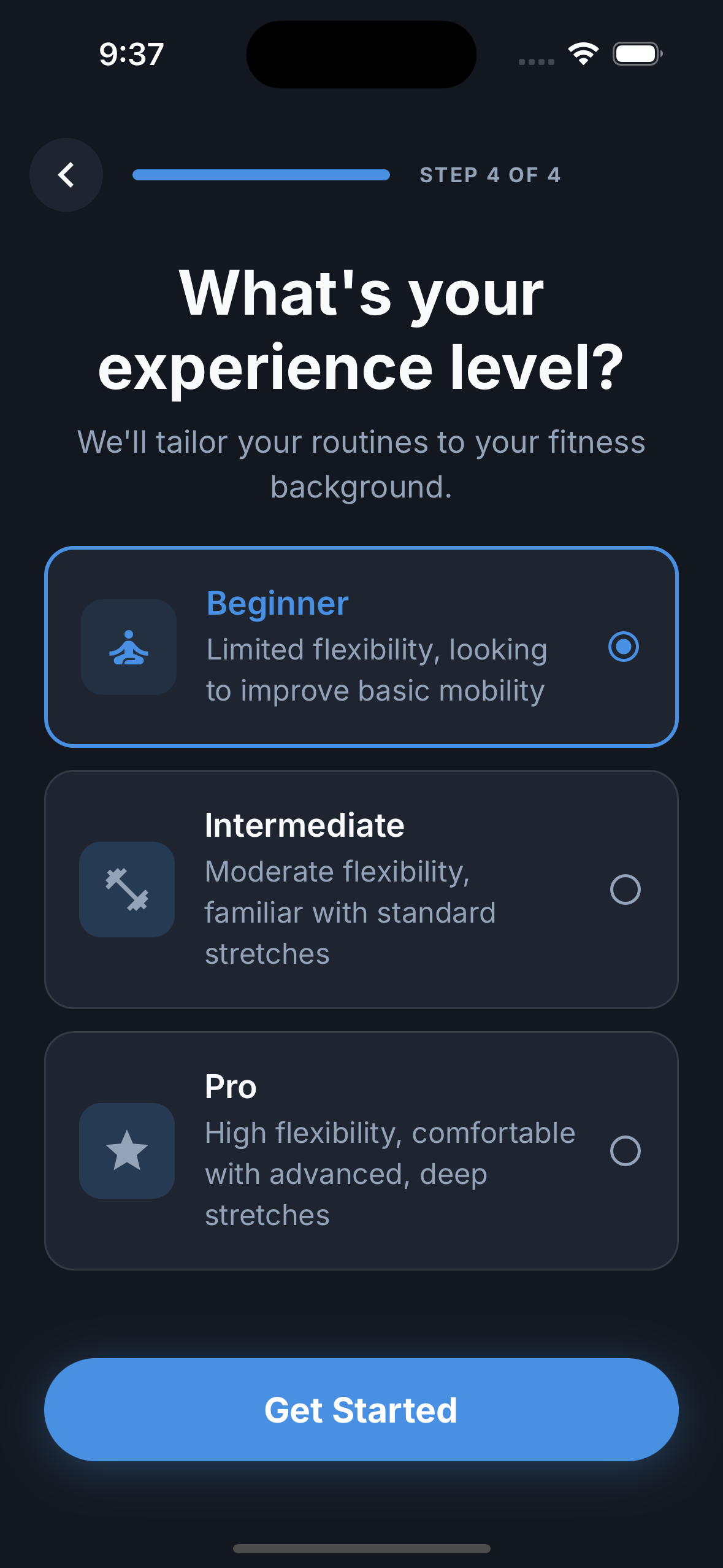 Reach app onboarding screen asking for experience level with beginner, intermediate, and pro options