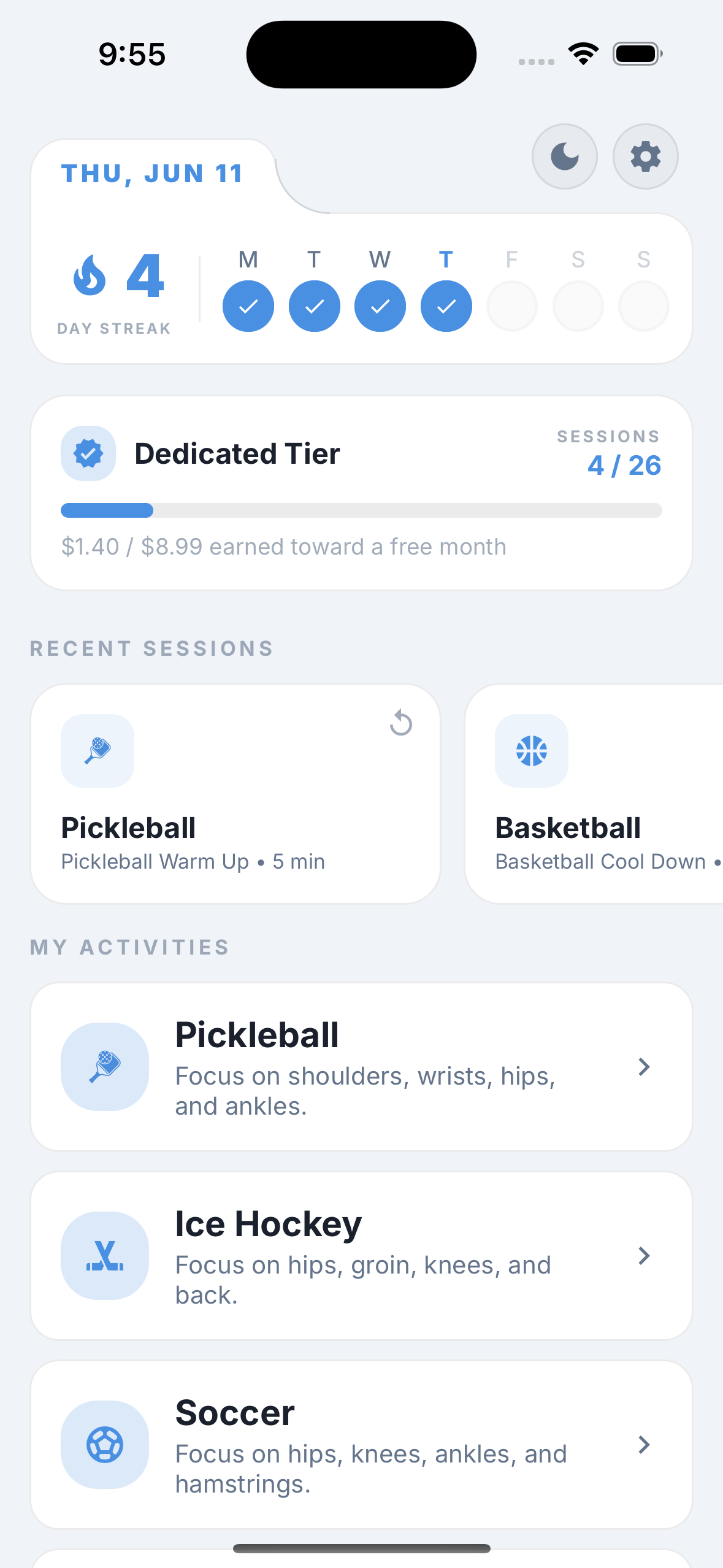 Reach app home screen showing a 3-day streak and recent Pickleball and Basketball sessions