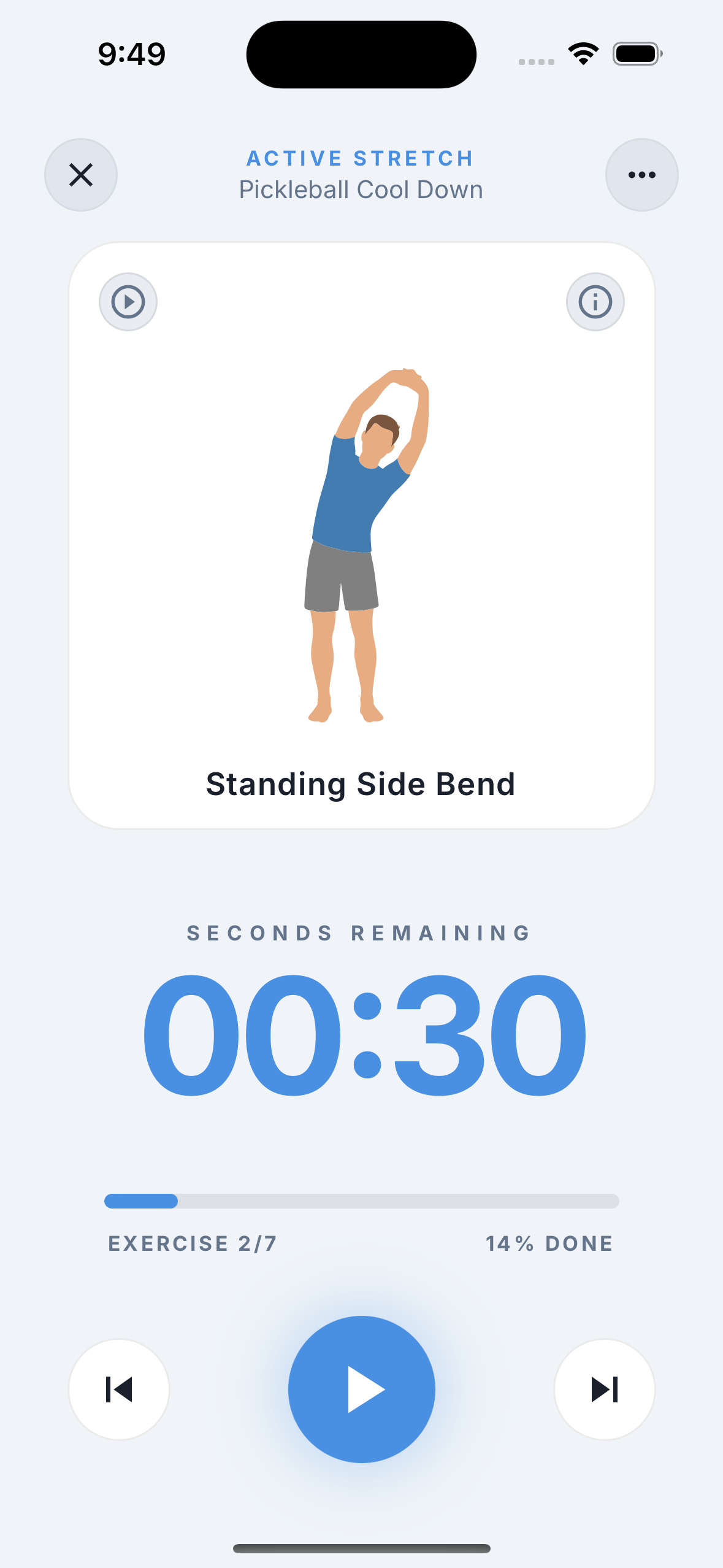 Reach app exercise player showing Standing Side Bend with a 30-second timer