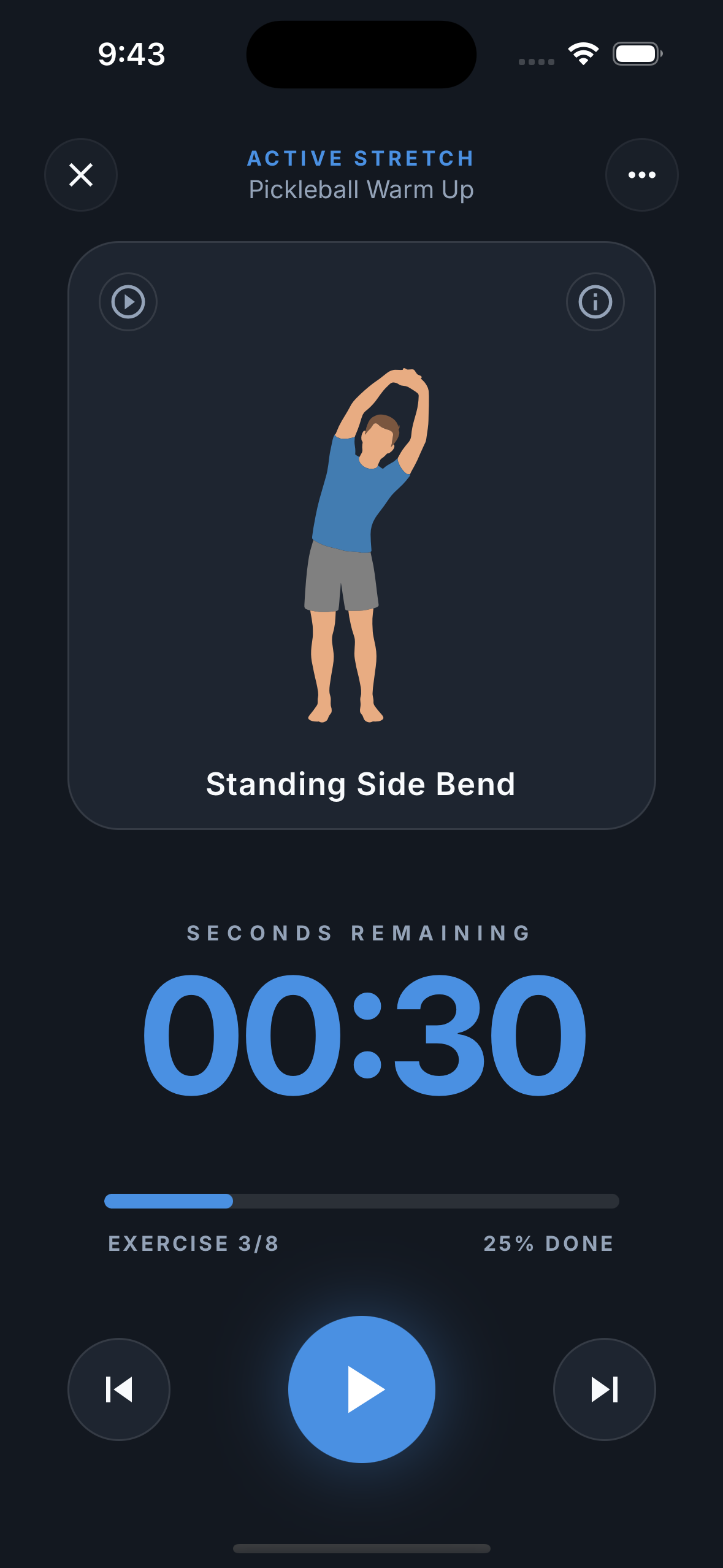 Reach app exercise player showing Standing Side Bend with a 30-second timer