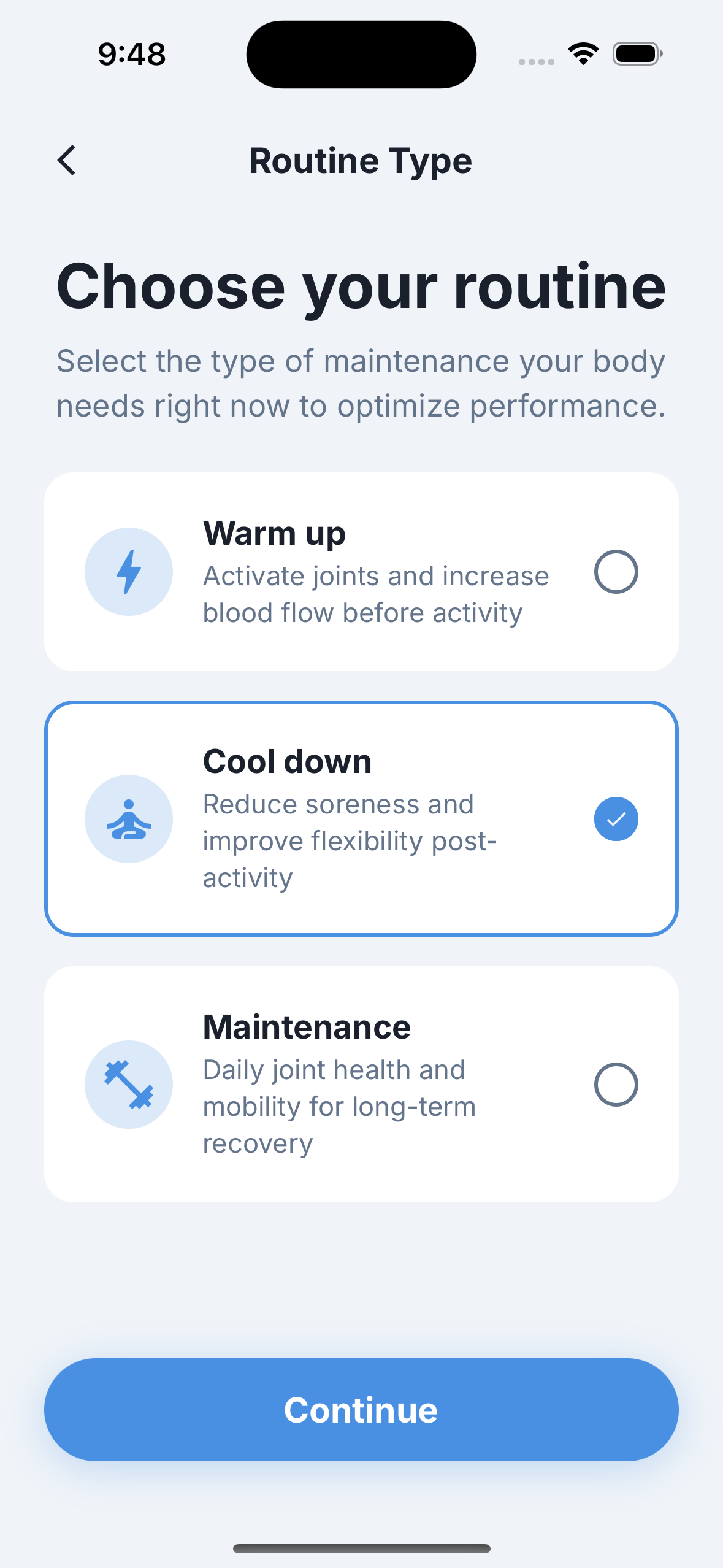 Reach app routine type screen showing warm up, cool down, and maintenance options