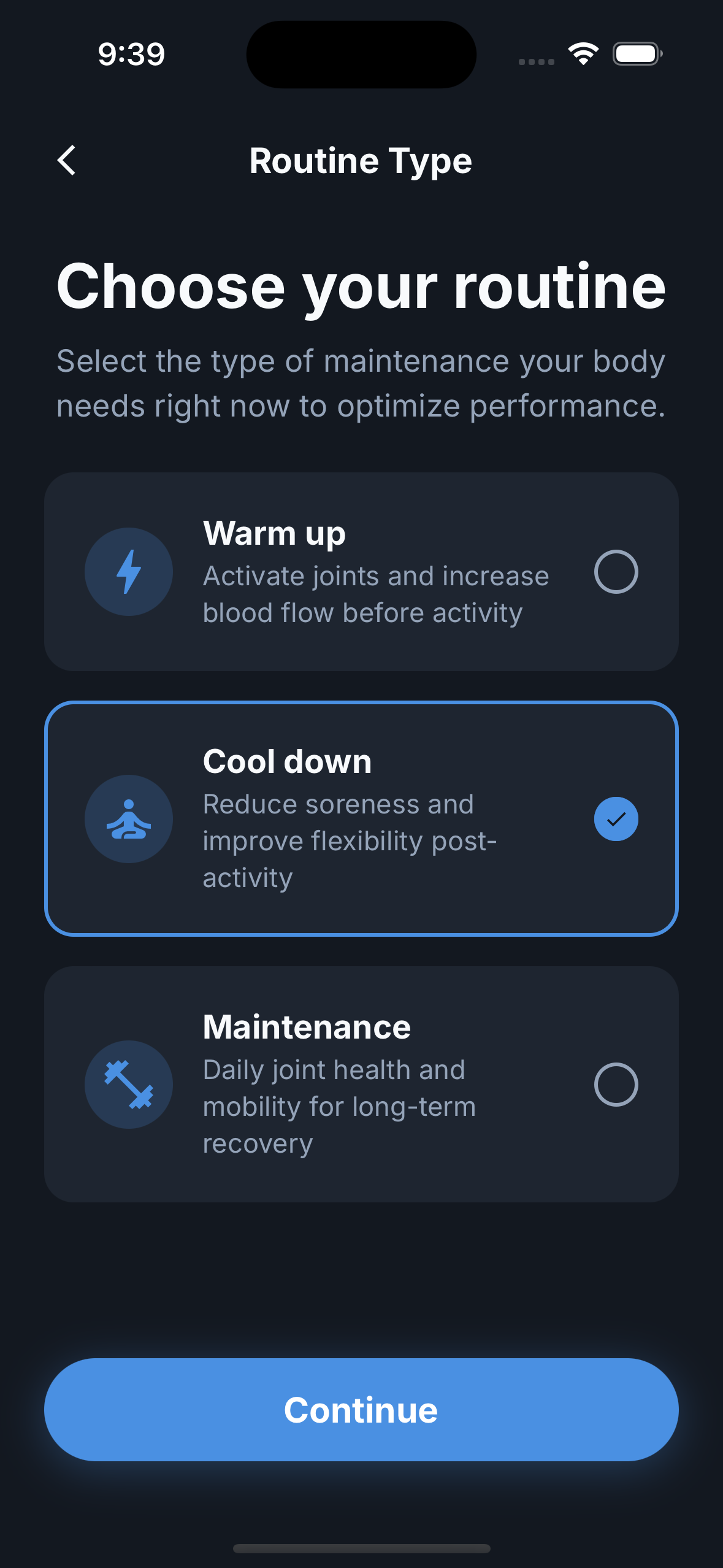 Reach app routine type screen showing warm up, cool down, and maintenance options
