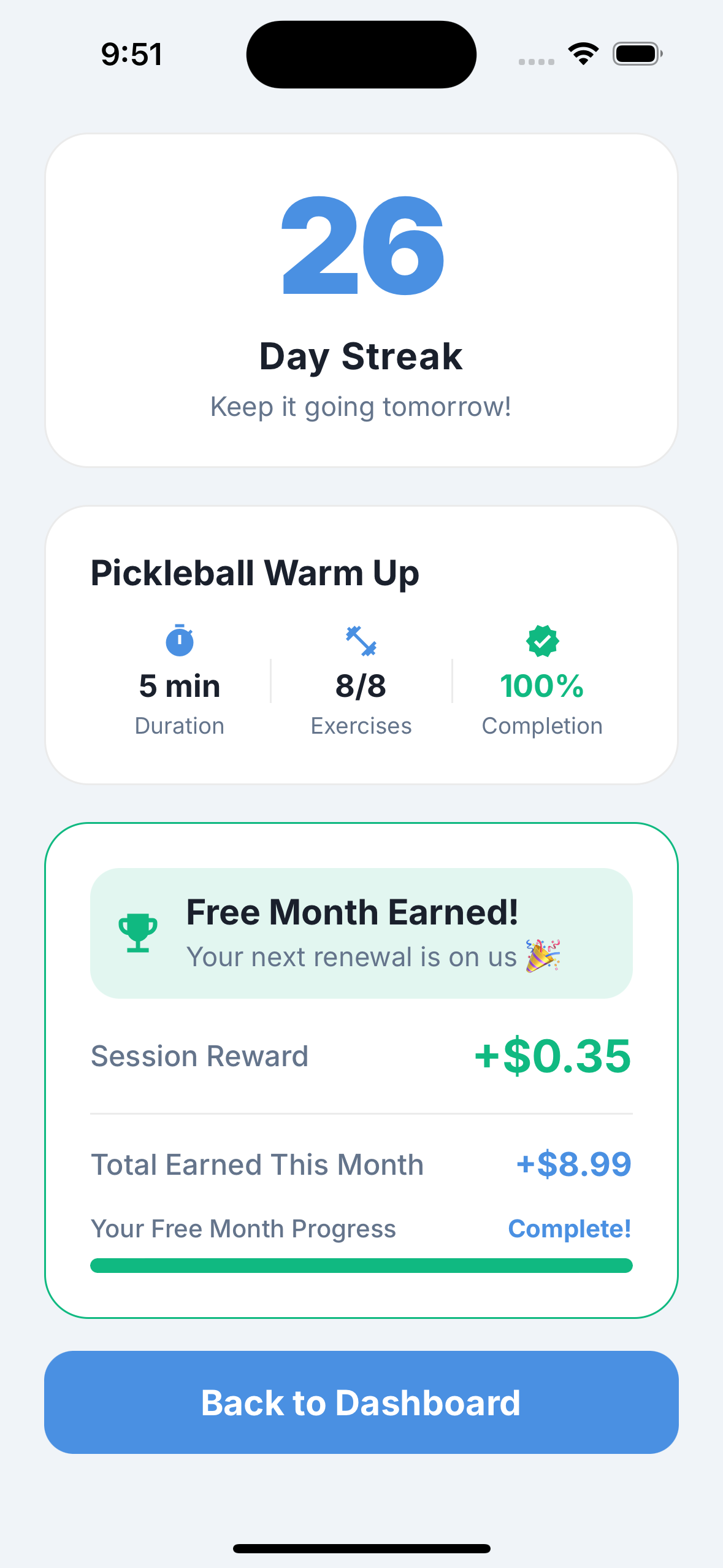 Reach app session reward screen showing credits earned toward a free month
