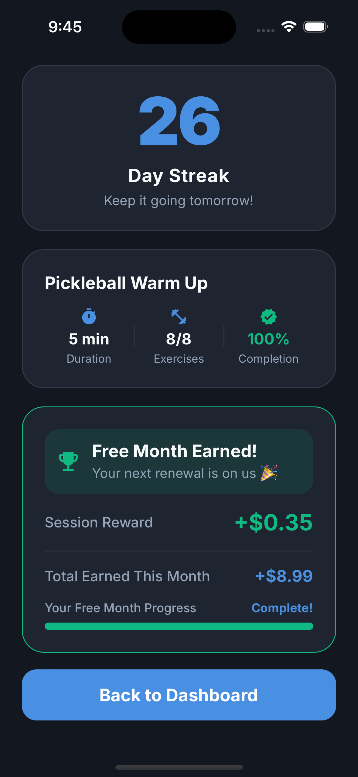 Reach app session reward screen showing credits earned toward a free month