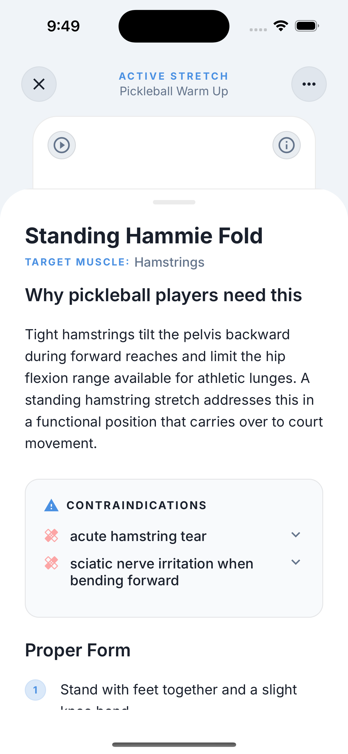 Reach app stretch detail screen showing targeted muscles and technique notes